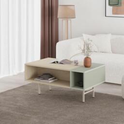 Rackhams Modern 100cm Rectangle Coffee Table with Open Dual Shelf 4 Storage Compartments, Metal Frame Legs, Sonoma Oak, Ash Green - Light Oak-Ash Green - thumbnail 1