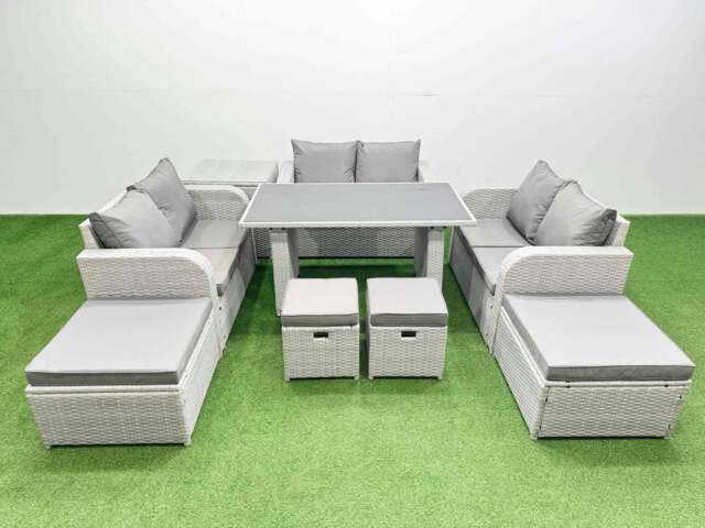 Rackhams 10 Seater Patio Garden Furniture Sets with Black Glass Top Dining Table Love Sofa Side Table 4 Stools Light Grey - image 1