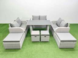 Rackhams 10 Seater Patio Garden Furniture Sets with Black Glass Top Dining Table Love Sofa Side Table 4 Stools Light Grey - thumbnail 1