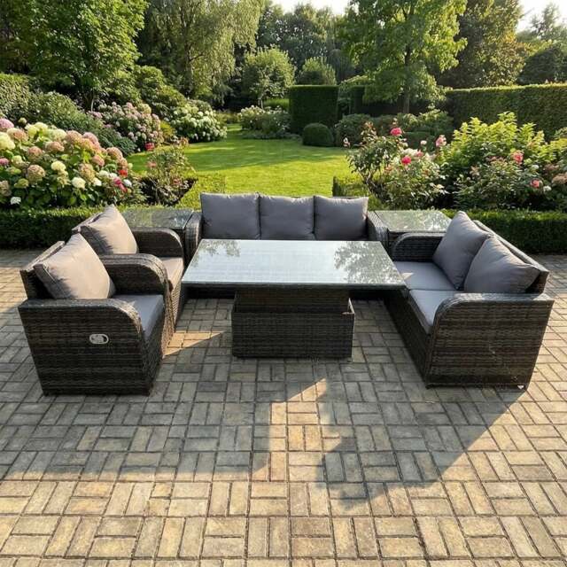 Rackhams 7 Seater Rattan Outdoor Dining Set with Height Adjustable Table, 2 Sodas, 2 Reclining Chairs & 2 Side Tables - Dark Grey - image 1