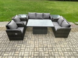 Rackhams 7 Seater Rattan Outdoor Dining Set with Height Adjustable Table, 2 Sodas, 2 Reclining Chairs & 2 Side Tables - Dark Grey - thumbnail 2