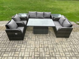 Rackhams 7 Seater Rattan Outdoor Dining Set with Height Adjustable Table, 2 Sodas, 2 Reclining Chairs & 2 Side Tables - Dark Grey - thumbnail 3