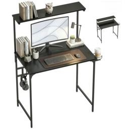 Rackhams Computer Desk, 80cm Home Office Study Table with Hutch Shelf - Black - thumbnail 2