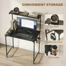 Rackhams Computer Desk, 80cm Home Office Study Table with Hutch Shelf - Black - thumbnail 4