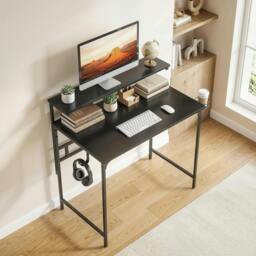 Rackhams Computer Desk, 80cm Home Office Study Table with Hutch Shelf - Black - thumbnail 1