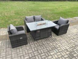 Rackhams Rattan Outdoor Garden Furniture Sofa Set Gas Fire Pit Dining Table Gas Heater with Love Sofa 2 Recling Chair Dark Grey Mixed - thumbnail 2
