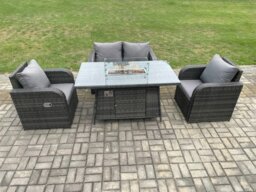 Rackhams Rattan Outdoor Garden Furniture Sofa Set Gas Fire Pit Dining Table Gas Heater with Love Sofa 2 Recling Chair Dark Grey Mixed - thumbnail 1