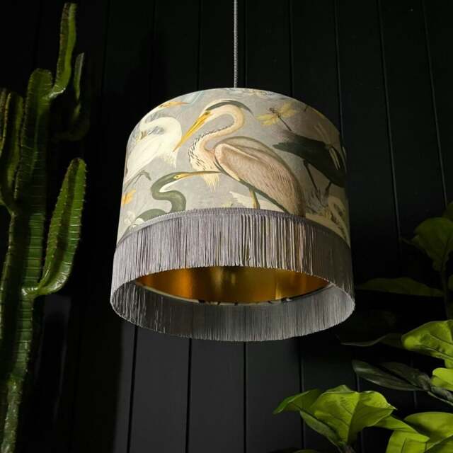 "Rackhams Bird Song Lampshade in Soft Grey With Gold Lining and Grey Fringing - Ceiling Pendant / Arc Lamp - 30cm Diameter x 25cm Height (12"" x 10"")" - image 1