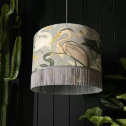 "Rackhams Bird Song Lampshade in Soft Grey With Gold Lining and Grey Fringing - Ceiling Pendant / Arc Lamp - 30cm Diameter x 25cm Height (12"" x 10"")" - thumbnail 2