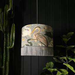 "Rackhams Bird Song Lampshade in Soft Grey With Gold Lining and Grey Fringing - Ceiling Pendant / Arc Lamp - 30cm Diameter x 25cm Height (12"" x 10"")" - thumbnail 4