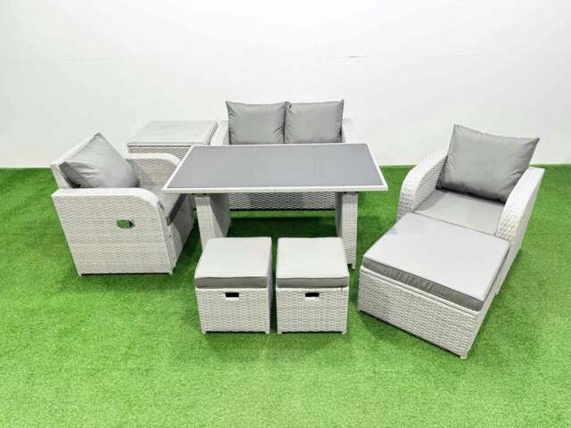 Rackhams Outdoor Rattan Garden Furniture Dining Set 7 seater Patio Rectangular Table Love Sofa Reclining Chair Set with Side Table 3 Stools - image 1
