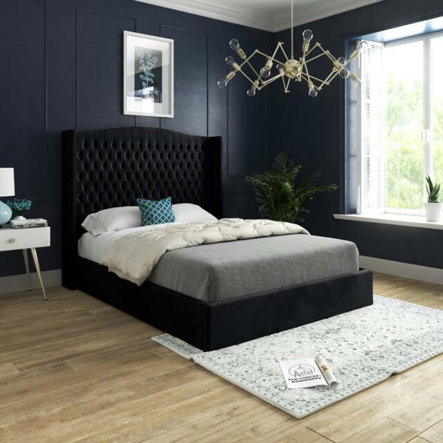 Rackhams Quanta Straight Winged Upholstered Soft Velvet Bed Frame - Cream - Black - Small single - image 1
