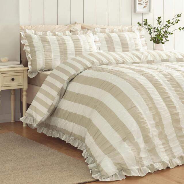 Rackhams Seersucker Frill Stripe Duvet Cover Set Natural - Super King - Natural - image 1