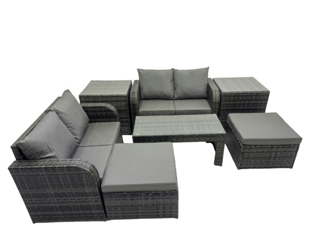 Rackhams 3 Seater Sofa Reclining Chair Coffee Table Set Rattan Garden Outdoor Furniture Set with 2 Side Tables 2 Big Stools Dark Grey Mixed - image 1
