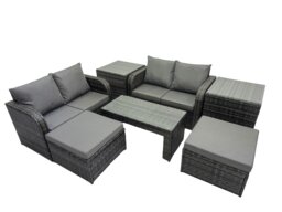 Rackhams 3 Seater Sofa Reclining Chair Coffee Table Set Rattan Garden Outdoor Furniture Set with 2 Side Tables 2 Big Stools Dark Grey Mixed - thumbnail 2