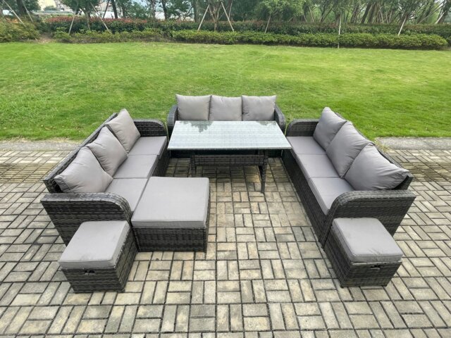Rackhams Patio Rattan Garden Furniture Set with Oblong Rectangular Dining Table 3 Footstools 12 Seater Outdoor Lounge Sofa Set Dark Grey Mixed - image 1
