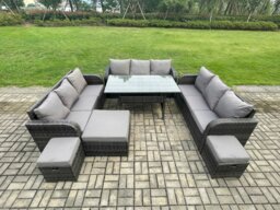 Rackhams Patio Rattan Garden Furniture Set with Oblong Rectangular Dining Table 3 Footstools 12 Seater Outdoor Lounge Sofa Set Dark Grey Mixed - thumbnail 1