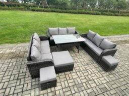 Rackhams Patio Rattan Garden Furniture Set with Oblong Rectangular Dining Table 3 Footstools 12 Seater Outdoor Lounge Sofa Set Dark Grey Mixed - thumbnail 2