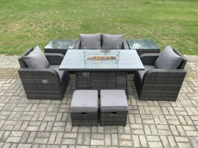 Rackhams Rattan Garden Furniture Set Outdoor Patio Gas Fire Pit Dining Table and Chairs with Love seat Sofa Footstool 2 Side Tables - image 1