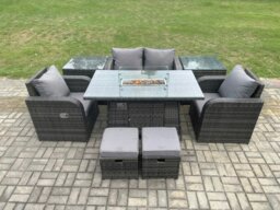 Rackhams Rattan Garden Furniture Set Outdoor Patio Gas Fire Pit Dining Table and Chairs with Love seat Sofa Footstool 2 Side Tables - thumbnail 1