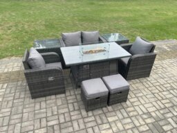 Rackhams Rattan Garden Furniture Set Outdoor Patio Gas Fire Pit Dining Table and Chairs with Love seat Sofa Footstool 2 Side Tables - thumbnail 2