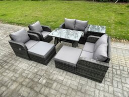 Rackhams 8 Seater Wicker PE Rattan Garden Dining Set Outdoor Furniture Sofa with Rectangular Dining Table Side Table 2 Big Footstool Dark Grey Mixed - thumbnail 1