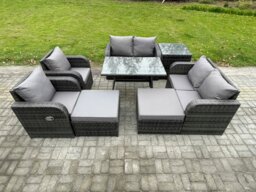 Rackhams 8 Seater Wicker PE Rattan Garden Dining Set Outdoor Furniture Sofa with Rectangular Dining Table Side Table 2 Big Footstool Dark Grey Mixed - thumbnail 2