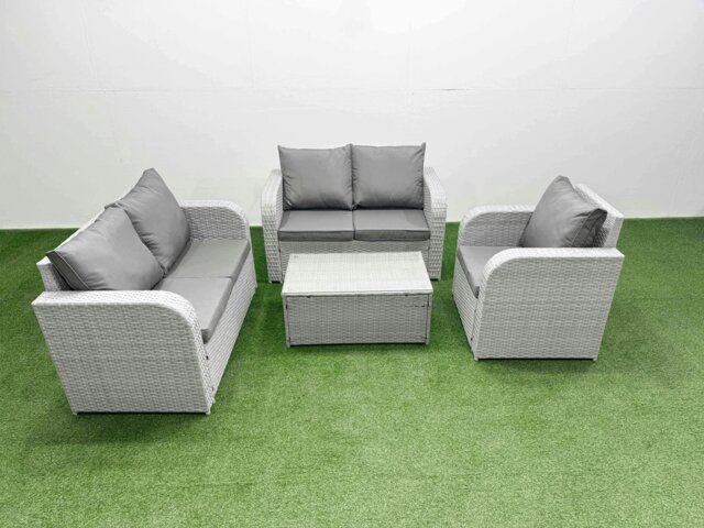 Rackhams High Back Poly Rattan Garden Furniture Set with Reclining Chair Loveseat Sofa Rectangular Coffee Table Indoor Outdoor Patio  Set Light Grey - image 1