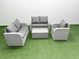 Rackhams High Back Poly Rattan Garden Furniture Set with Reclining Chair Loveseat Sofa Rectangular Coffee Table Indoor Outdoor Patio  Set Light Grey - thumbnail 1
