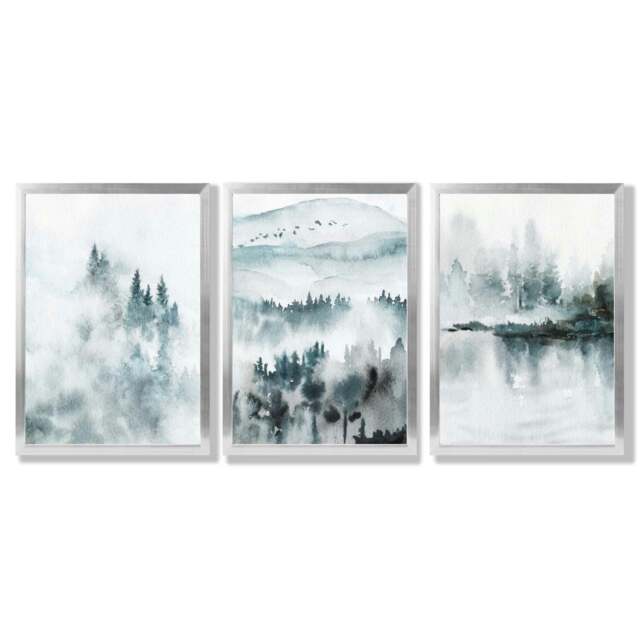 Rackhams Teal Blue Abstract Forest Lake Set of 3 Framed Wall Art - 30x42cm (A3) - Silver - image 1