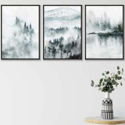 Rackhams Teal Blue Abstract Forest Lake Set of 3 Framed Wall Art - 30x42cm (A3) - Silver - thumbnail 2