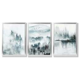 Rackhams Teal Blue Abstract Forest Lake Set of 3 Framed Wall Art - 30x42cm (A3) - Silver - thumbnail 1