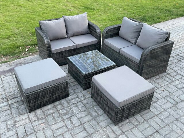 Rackhams Rattan Sofa Set Outdoor Garden Furniture Set with Square Coffee Table Loveseat Sofa 2 Big Footstool Dark Grey Mixed - image 1