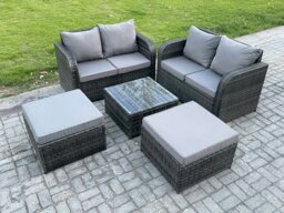 Rackhams Rattan Sofa Set Outdoor Garden Furniture Set with Square Coffee Table Loveseat Sofa 2 Big Footstool Dark Grey Mixed - thumbnail 1