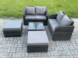 Rackhams Rattan Sofa Set Outdoor Garden Furniture Set with Square Coffee Table Loveseat Sofa 2 Big Footstool Dark Grey Mixed - thumbnail 2