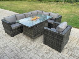 Rackhams Outdoor Rattan Garden Corner Furniture Gas Fire Pit Dining Table Gas Heater Sets Lounge Chair Dark Grey 7 Seater