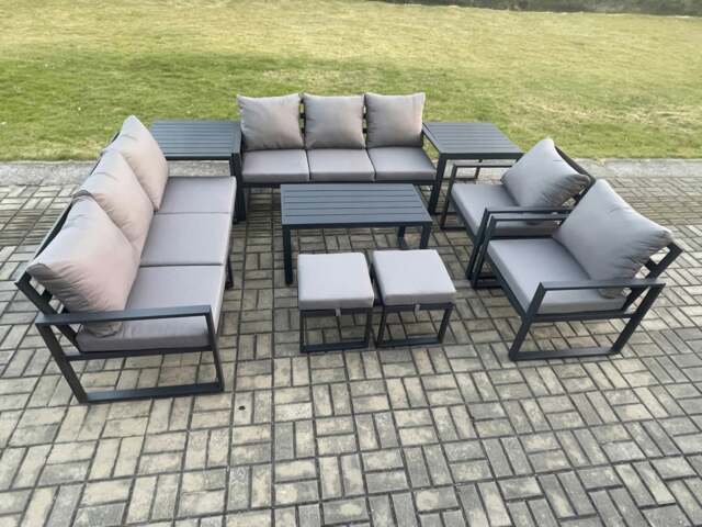 Rackhams Aluminium Outdoor Garden Furniture Lounge Sofa 2 PC Chairs Oblong Coffee Table Sets with 2 Side Tables 2 Small Footstool Dark Grey - image 1