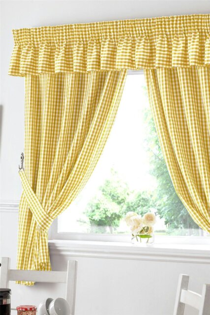 "Rackhams Gingham Yellow Checkered Taped Curtains With Tie Backs - Yellow - 46 x 54"""