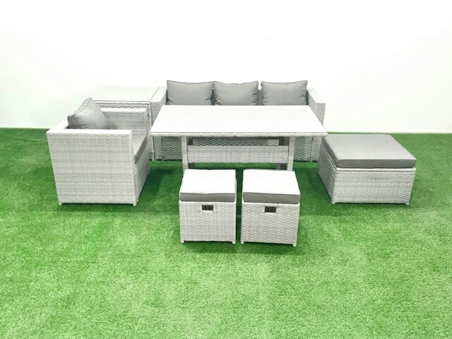 Rackhams Rattan Garden Furniture Dining Set 7 Seater Lounge Sofa Chair Dining Table Set with 3 Footstools Side Table Light Grey Mixed - image 1