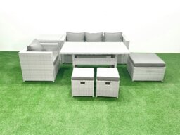 Rackhams Rattan Garden Furniture Dining Set 7 Seater Lounge Sofa Chair Dining Table Set with 3 Footstools Side Table Light Grey Mixed - thumbnail 1