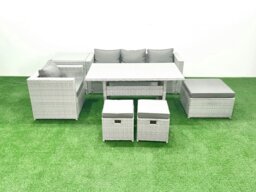 Rackhams Rattan Garden Furniture Dining Set 7 Seater Lounge Sofa Chair Dining Table Set with 3 Footstools Side Table Light Grey Mixed - thumbnail 2