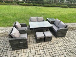 Rackhams Rattan Outdoor Furniture Garden Dining Set Rectangular Table and Chair Sofa Set With Side Table 2 Small Footstools Dark Grey Mixed - thumbnail 2