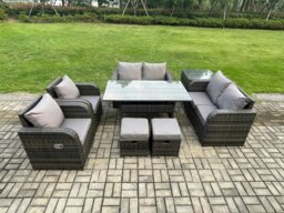 Rackhams Rattan Outdoor Furniture Garden Dining Set Rectangular Table and Chair Sofa Set With Side Table 2 Small Footstools Dark Grey Mixed - thumbnail 1