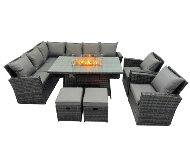 Rackhams Poly Rattan Outdoor Patio Gas Fire Pit Dining Table Corner Sofa Set with 2 Small Stools 2 Chairs for Garden Backyard Dark Grey Mixed - image 1