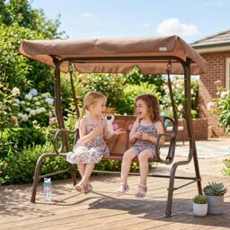 Rackhams 2 Seat Kids Canopy Swing Chair w/ Adjustable Awning, Seatbelt - Brown - thumbnail 1