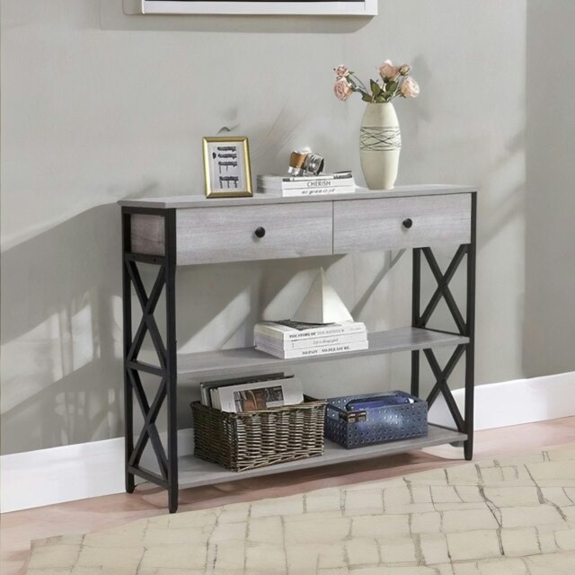 Rackhams 3 Tier Console Table With 2 Drawers And Storage Shelves Grey - image 1