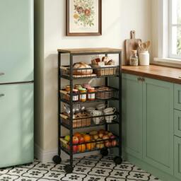 Rackhams Metal Kitchen Trolley with Pull-Out Baskets, Rustic Brown - thumbnail 1