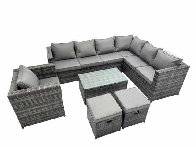 Rackhams Patio Sofa Oblong Coffee Table Set Rattan Garden Furniture Set with 2 Small Stools Dark Grey Mixed - image 1