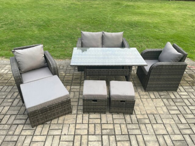 Rackhams Rattan Outdoor Garden Furniture Set Rectangular Dining Table and Chair Sofa Set With 3 Footstools Dark Grey Mixed - image 1
