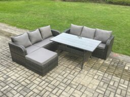 Rackhams Rattan Garden Furniture Set with Oblong Rectangular Dining Table Big Footstool 4 Pieces Outdoor Lounge Sofa Set Dark Grey Mixed - thumbnail 1